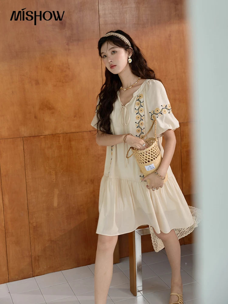 Mishow Korean Sunflower Embroidery Lace-Up Doll Dress MXD30L1959