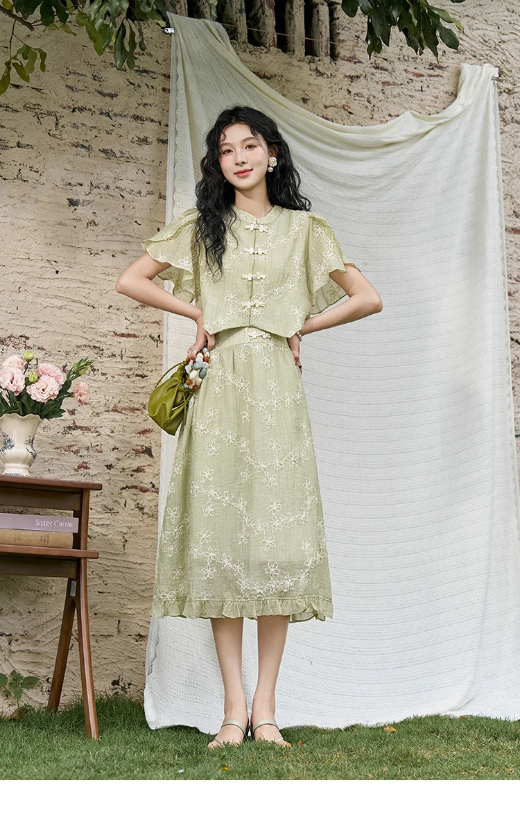 Mishow Chinese Green Stand Collar Top & Selvedge Skirt Set MXD22X1388