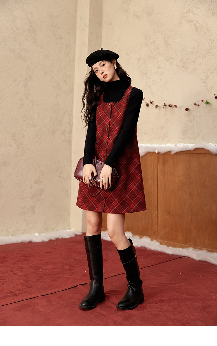 Mishow Plaid Square Neck Woolen Vest Dress MXD58L2078