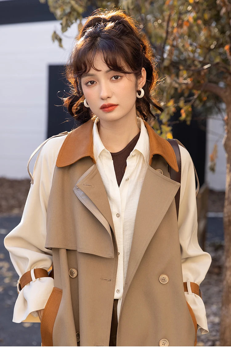 Mishow Khaki Contrast Color Spliced Trench Coat MXB31W0367