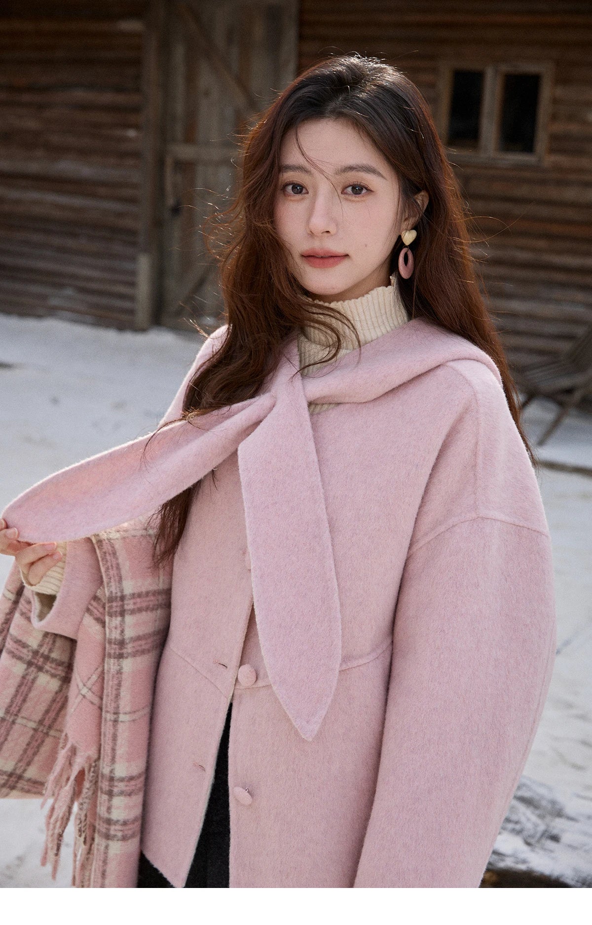 Mishow Pink Wool Hooded Bow Tie Strap Coat MXE91W1010