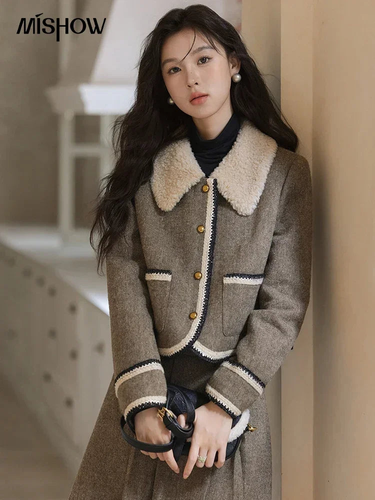 Mishow Vintage Plaid Tweed Jacket & Pleated Skirt Set MXD56W0569