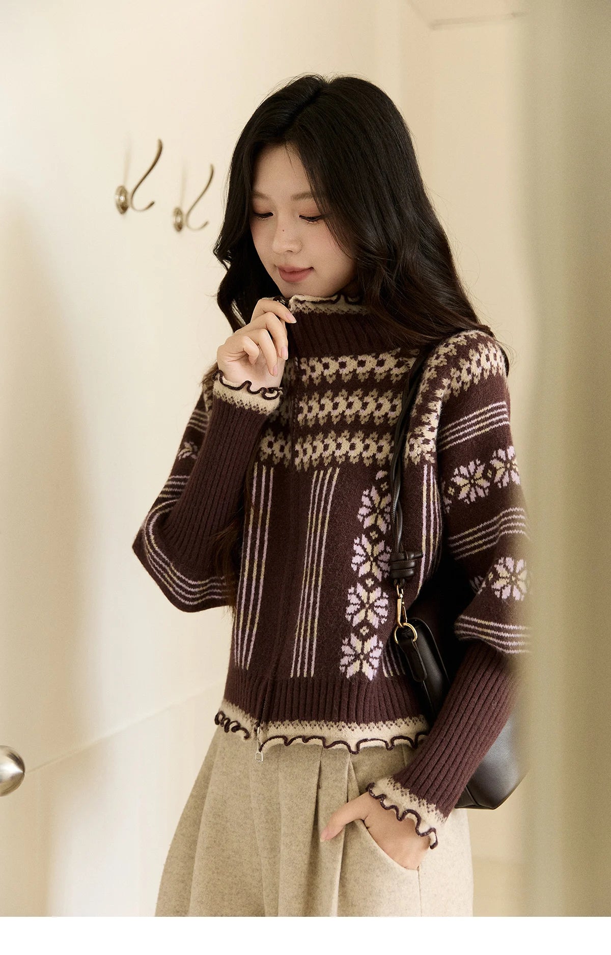 Mishow Brown Fair Isle Lantern Sleeve Zipper Top MXE91Z2868