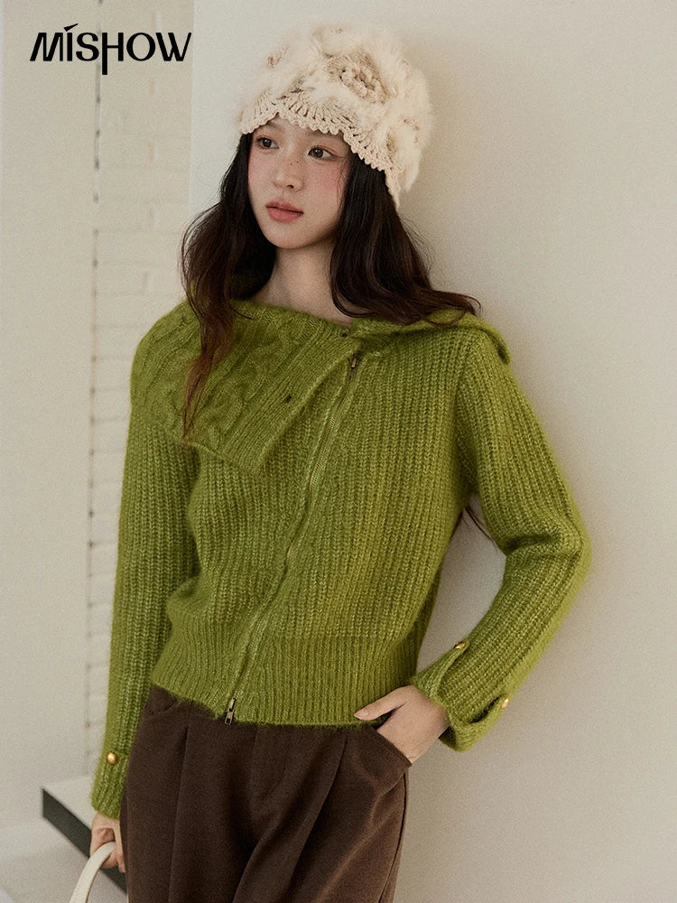 Mishow Green Wool Blend Long-Pile Large Lapel Pullover MXE90Z2760