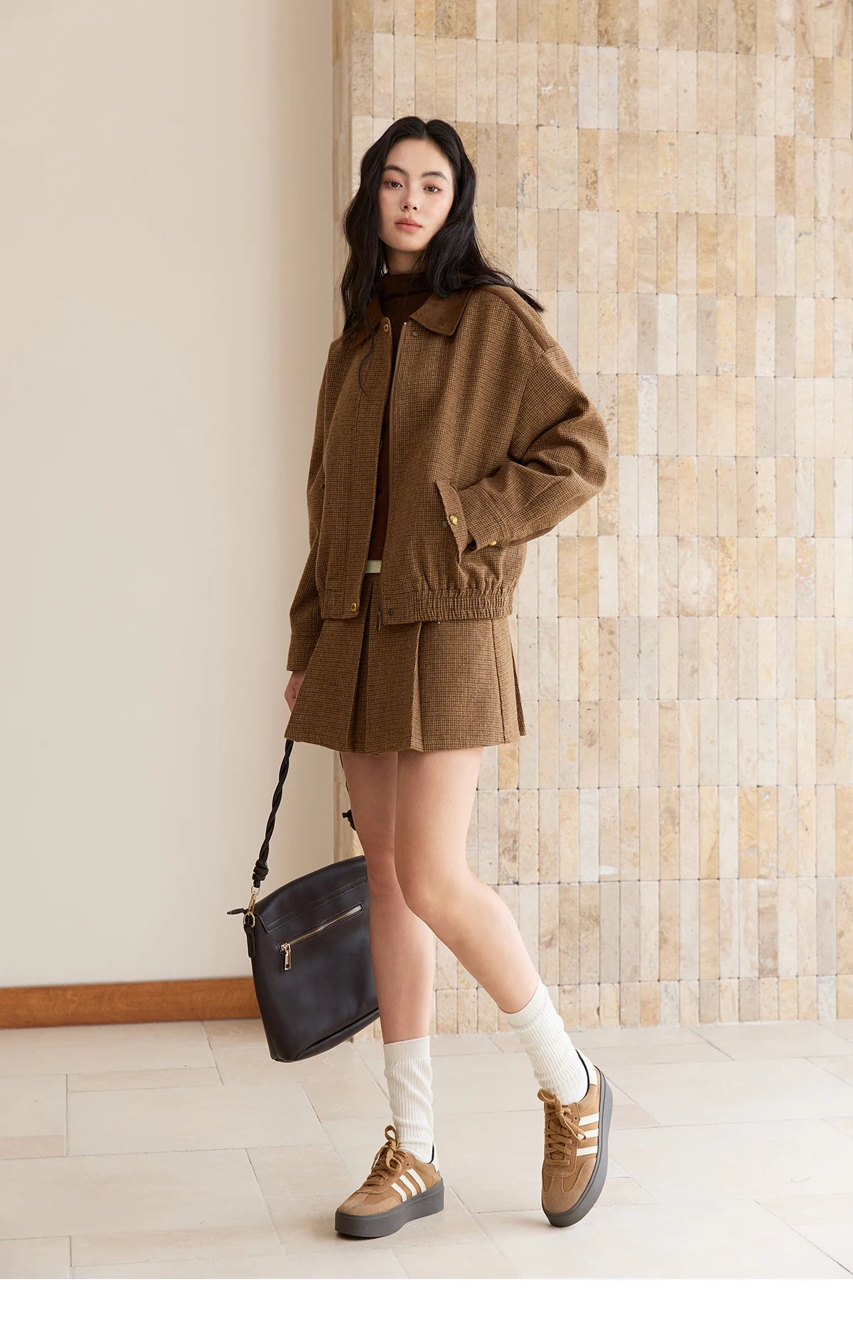 Mishow Plaid Zipper Jacket & Mini Pleated Skirt Set MXE49T1393
