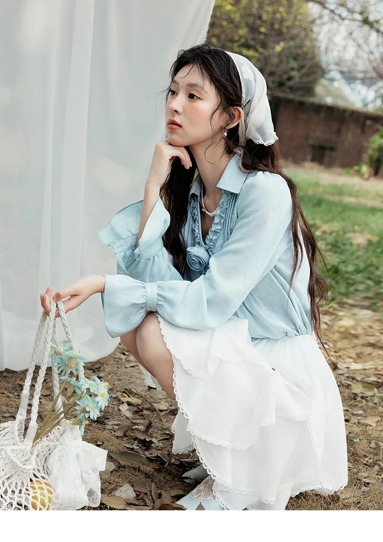 MISHOW V-Neck Long Flare Sleeve Solid Blouse MXE14X1730