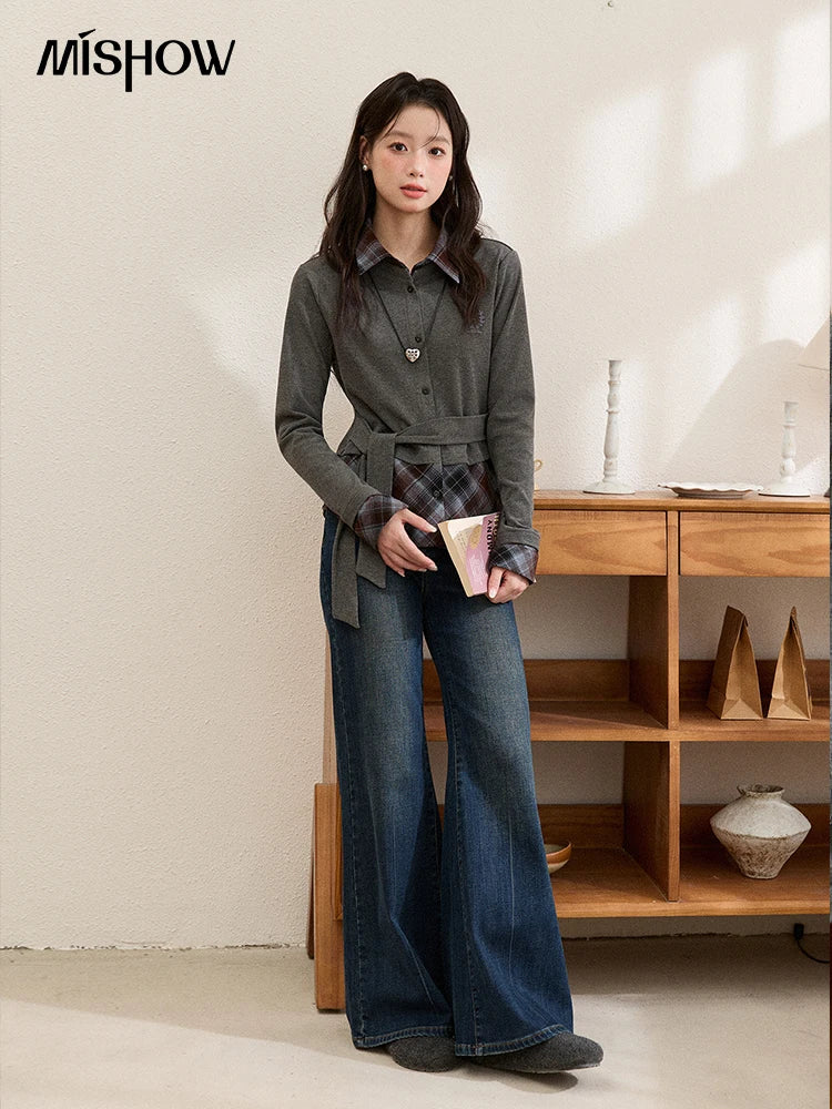 MISHOW Fake Two-Piece Plaid Shirt Lapel Waist Tie Embroidery MXE89C2421