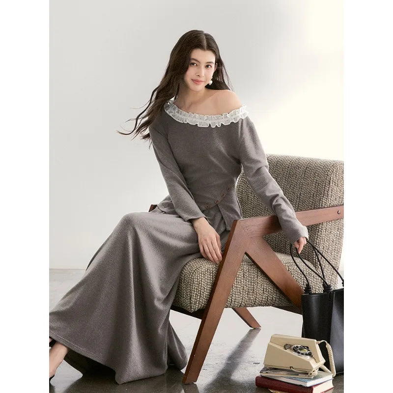 Mishow Grey Off-Shoulder Lace Trim Top & Maxi Skirt Set MXF13T1479