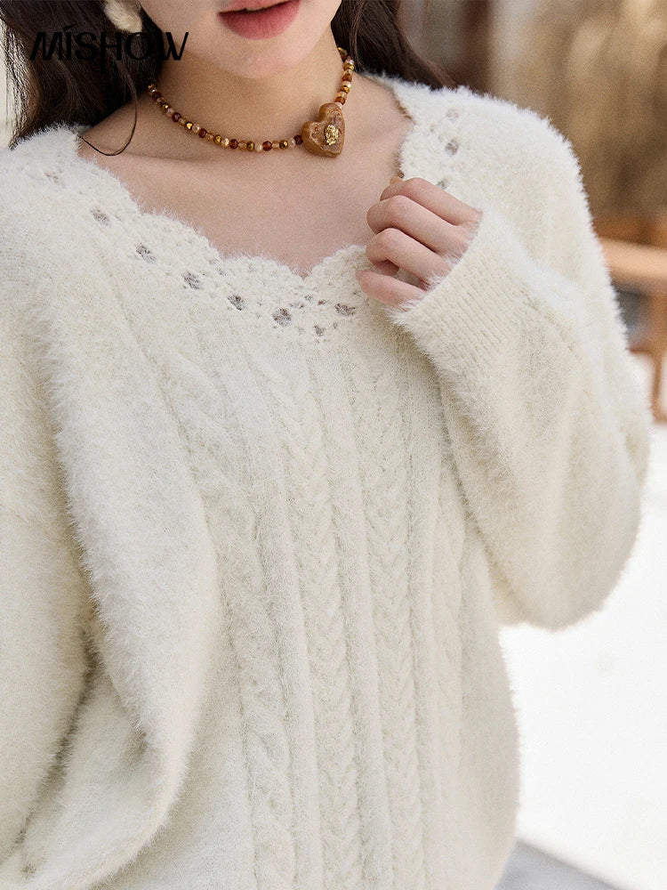 Mishow Apricot Soft V-Neck Cable Knit Pullover MXE51Z2594