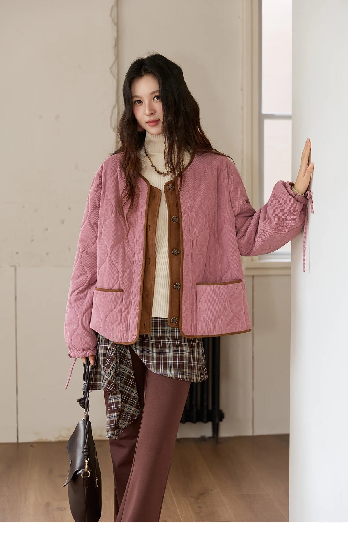 MISHOW Pink Purple Corduroy Jacket Gourd Pattern Splicing Suede MXE88W0882