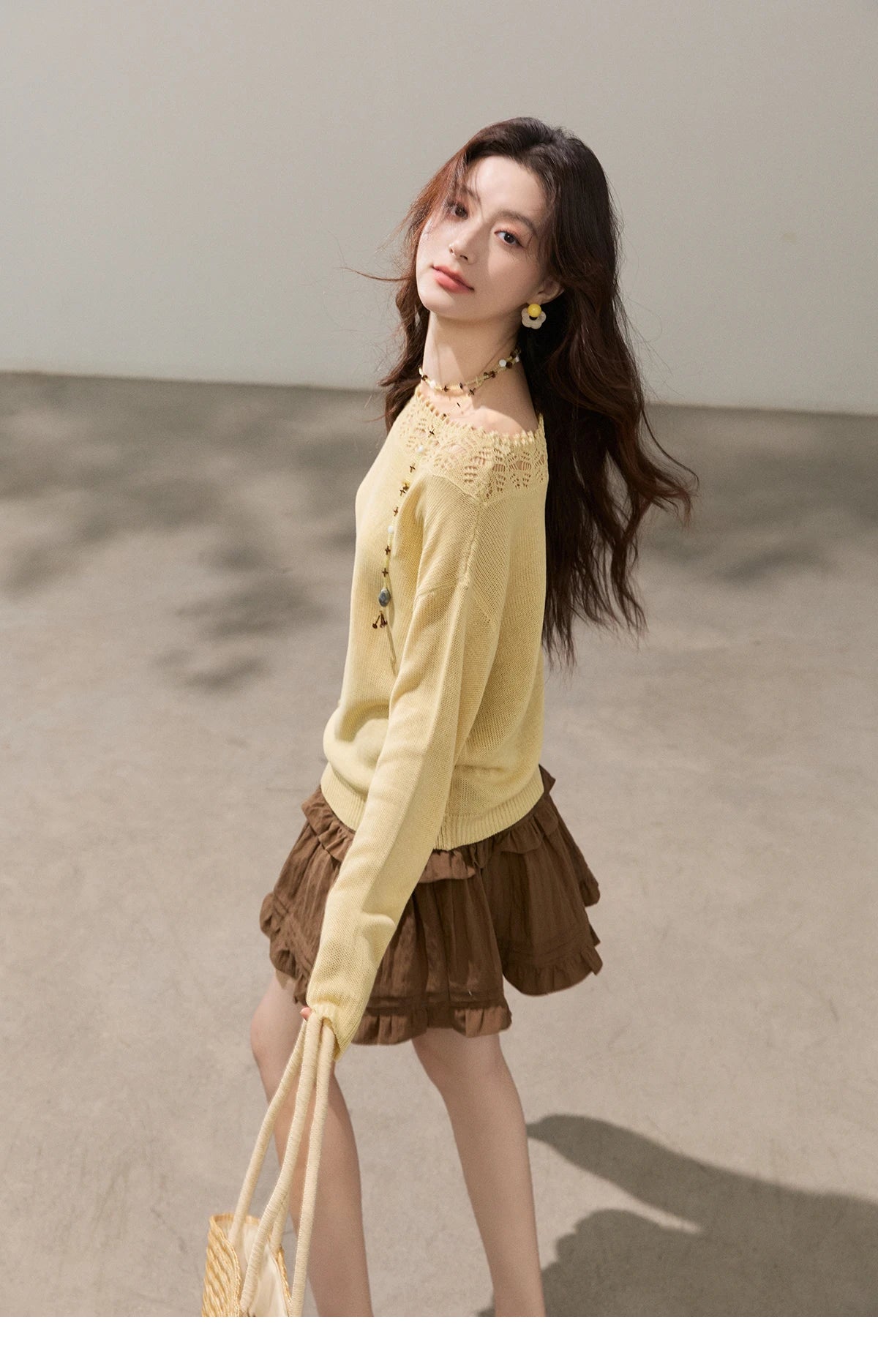 Mishow Yellow Hollow Lace Trim Boat Neck Sweater MXF15Z3050