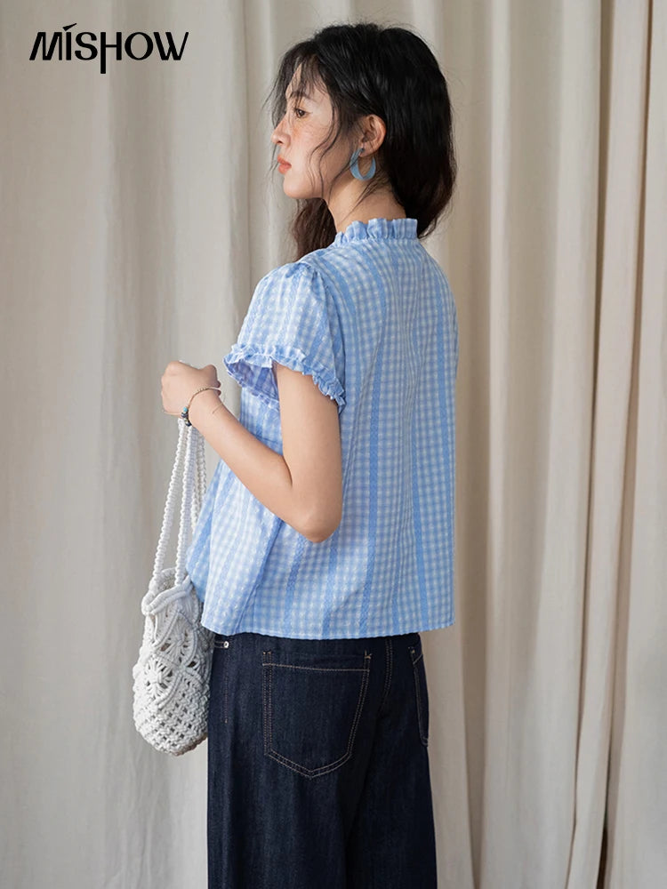 MISHOW Plaid Blue Fake Two Piece Blouse Puff Sleeve V-Neck Lace Up MXE37X1901