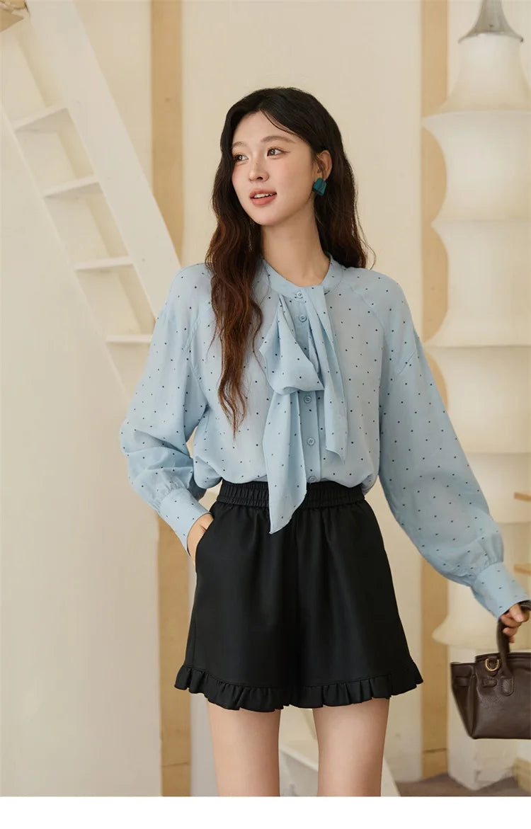 MISHOW Blue Polka Dot Shirt Bow Collar Long Sleeve MXE45X2475