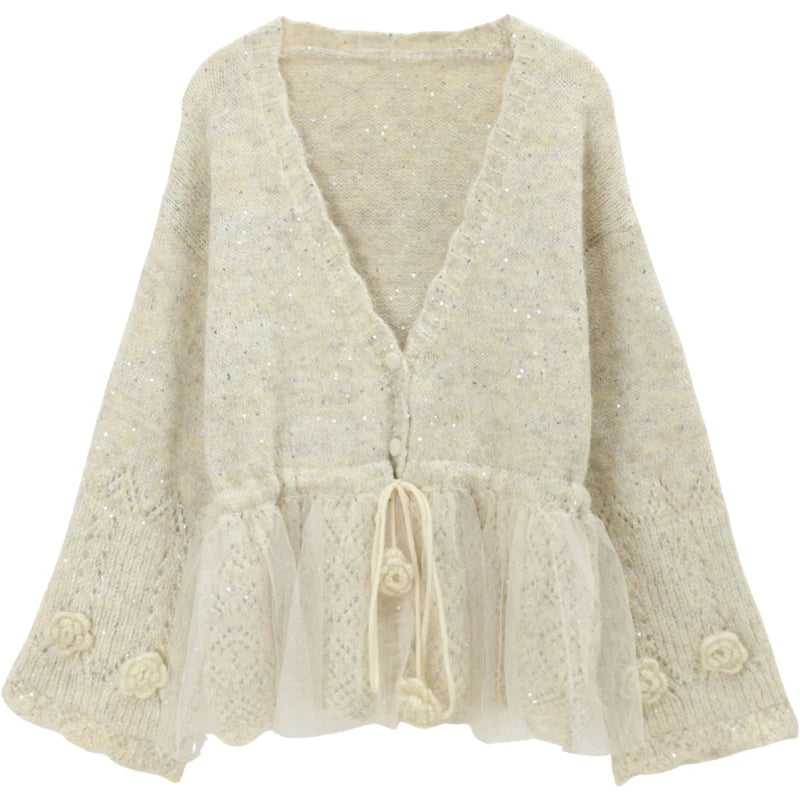 Mishow Apricot Mesh Flower Drawstring Cardigan MXE88Z2707