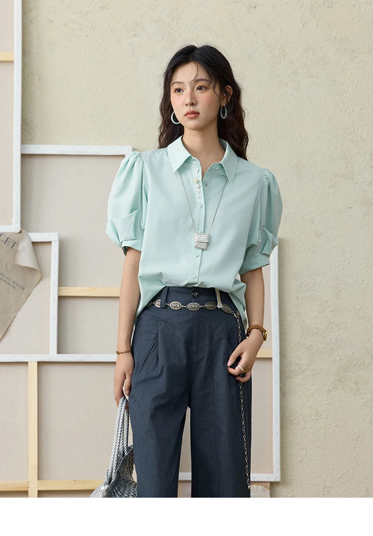 MISHOW Light Green Bubble Sleeve Shirt Lapel Collar Irregular Buttons MXE34C0788