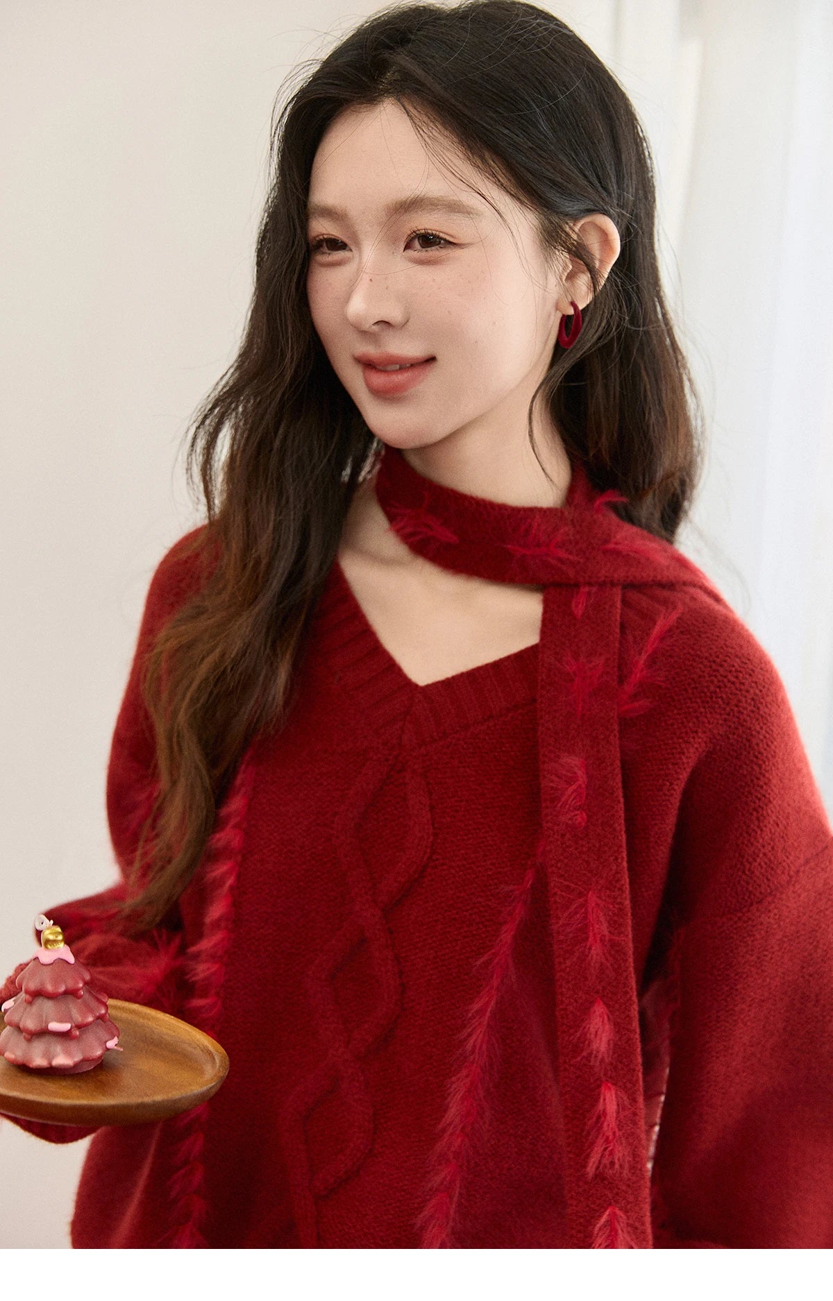 Mishow Burgundy Christmas Mink Fur Tassel Sweater MXE93Z2809
