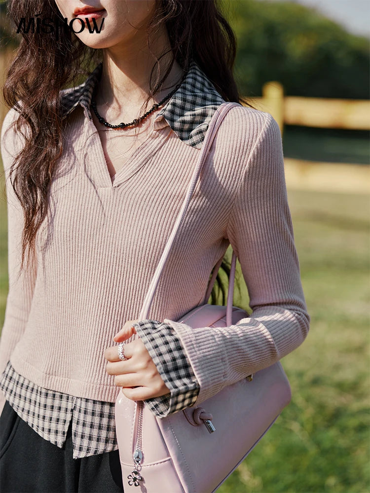 Mishow Plaid Splicing Fake Two-Piece Top MXE13Z1108