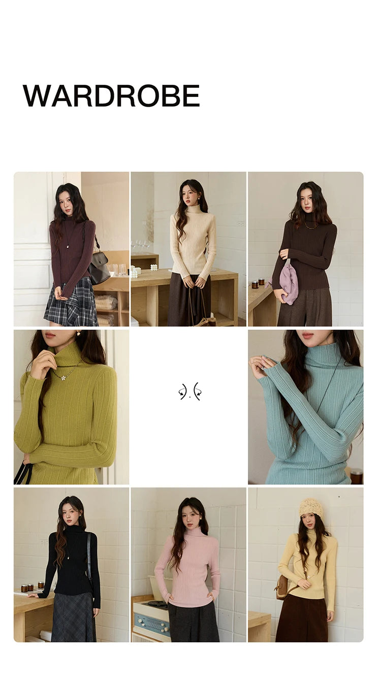 Mishow Solid Turtleneck Vertical Ribbed Slim Top MXE86Z2656