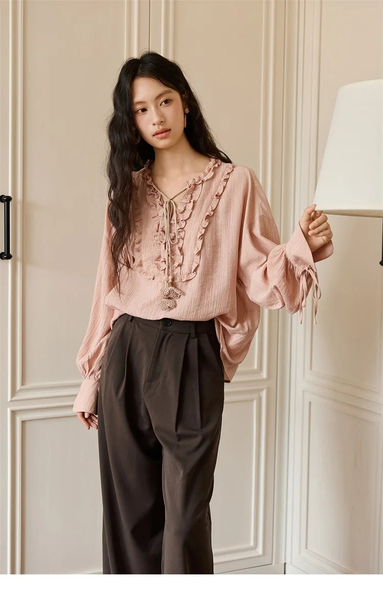MISHOW Pink Blouse V-Neck Bubble Sleeve Fold Edge MXE45X2485