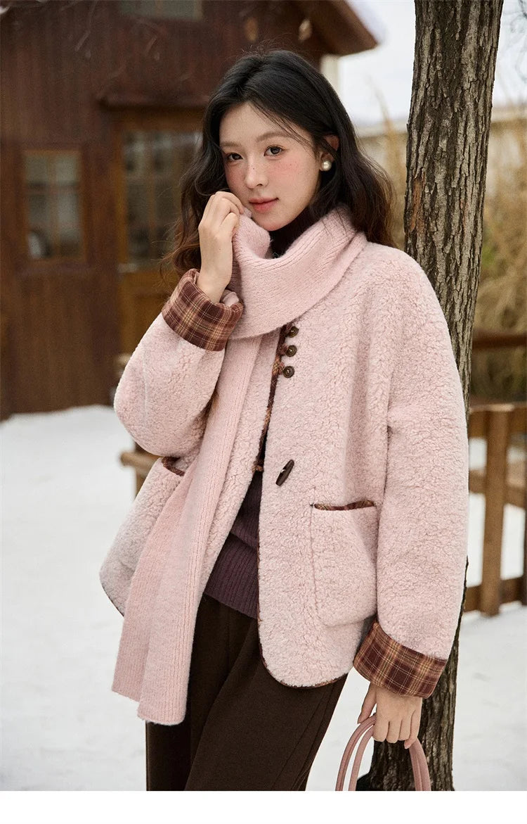 Mishow Plaid Patchwork Lamb Wool Round Neck Coat MXE90W0923