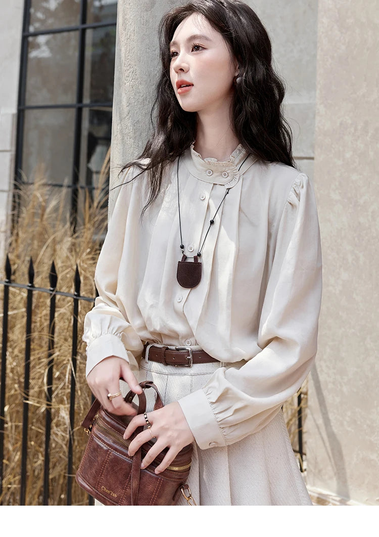 Mishow French Apricot Stand Collar Shirt & Pleated Mini Skirt Set MXD48C0365
