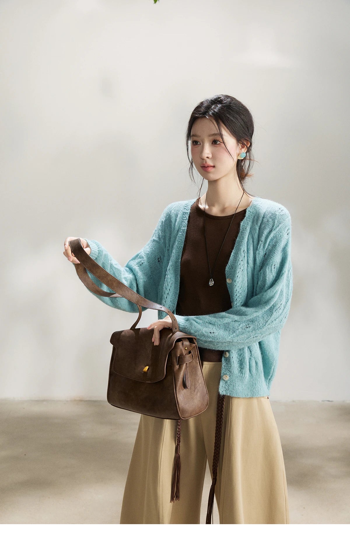 Mishow Blue Hollow Out V-Neck Wool Cardigan MXF13Z2975
