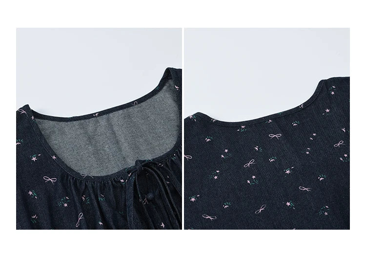 MISHOW Puff Sleeve Square Neck Blouse Lace Up Print Denim MXE39X1933