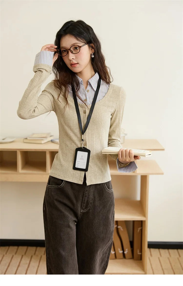 Mishow Oat Fake Two Shirt Collar Splicing Cuffs Sweater MXE46Z2535