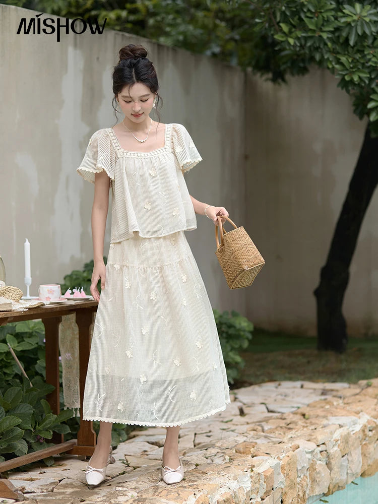 MISHOW Butterfly Flying Sleeve Blouse & Elastic Waist Skirt Set MXD29X1559