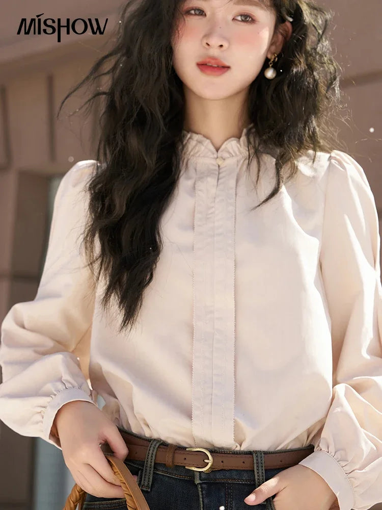MISHOW Button Up Lantern Sleeve Shirt Ruffle Neck MXC56X1320