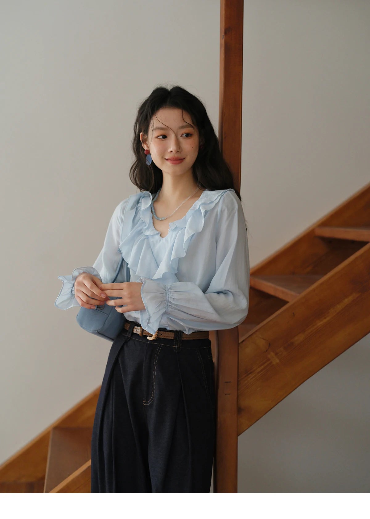 MISHOW Blue Lyocell Ruffled Shirt Flared Sleeves MXE41X1969