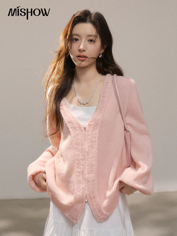 Mishow Pink Ruffled Pearl Button V-Neck Cardigan MXF108Z1028