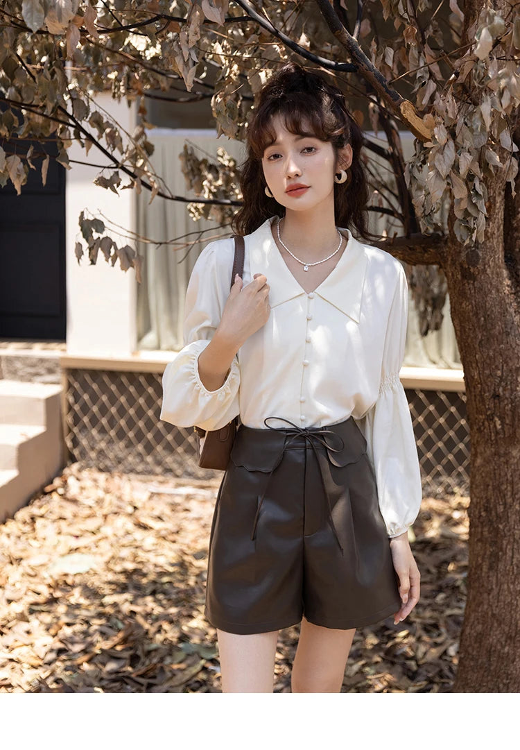 MISHOW Vintage French Lantern Sleeve Blouse Turndown Collar MXB32C0508