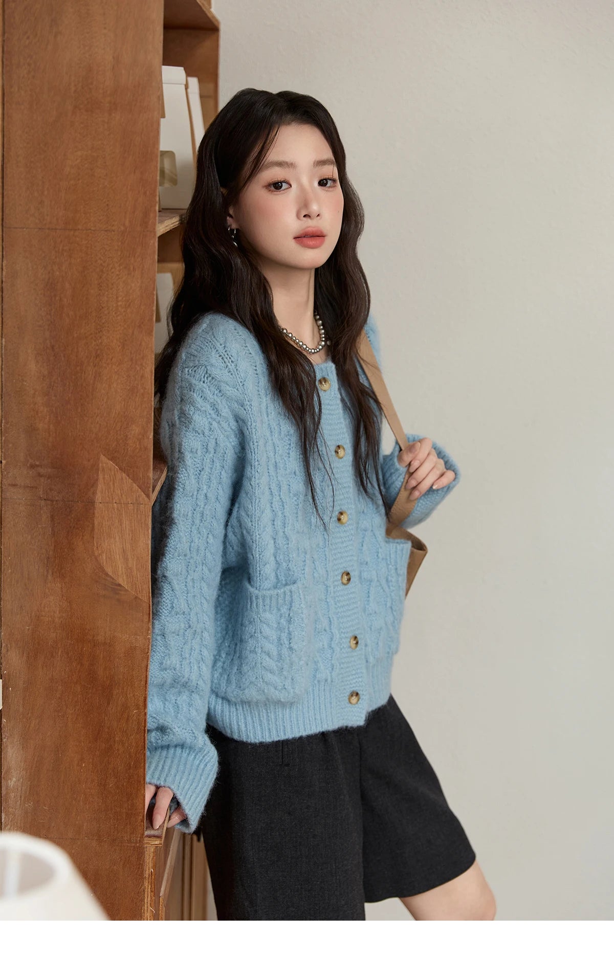Mishow Light Blue Retro Crew Neck Pocket Cardigan MXE49Z2614