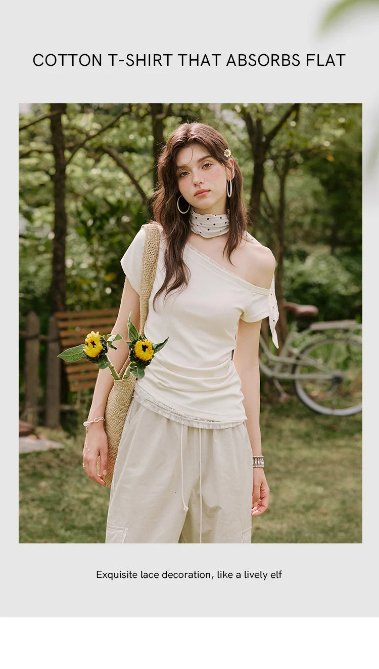 Mishow Skew Collar Off-Shoulder Lace Tee MXE31T0503