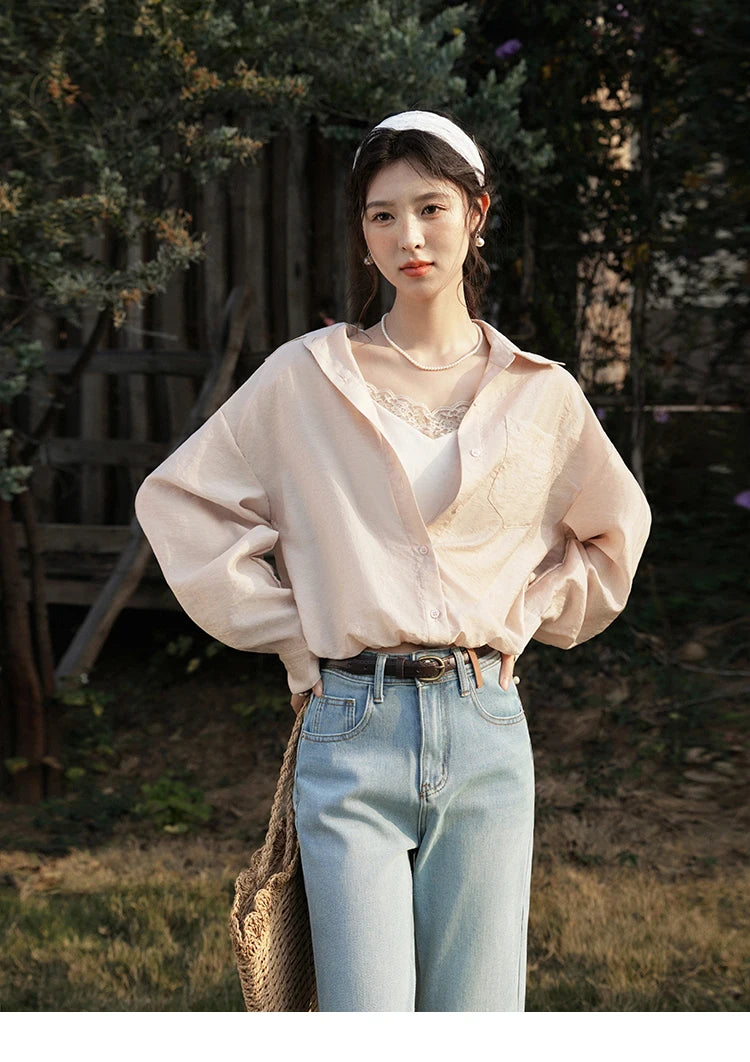 MISHOW Fake Two-Piece Blouse Turn-Down Collar Long Sleeve MXE16C0777