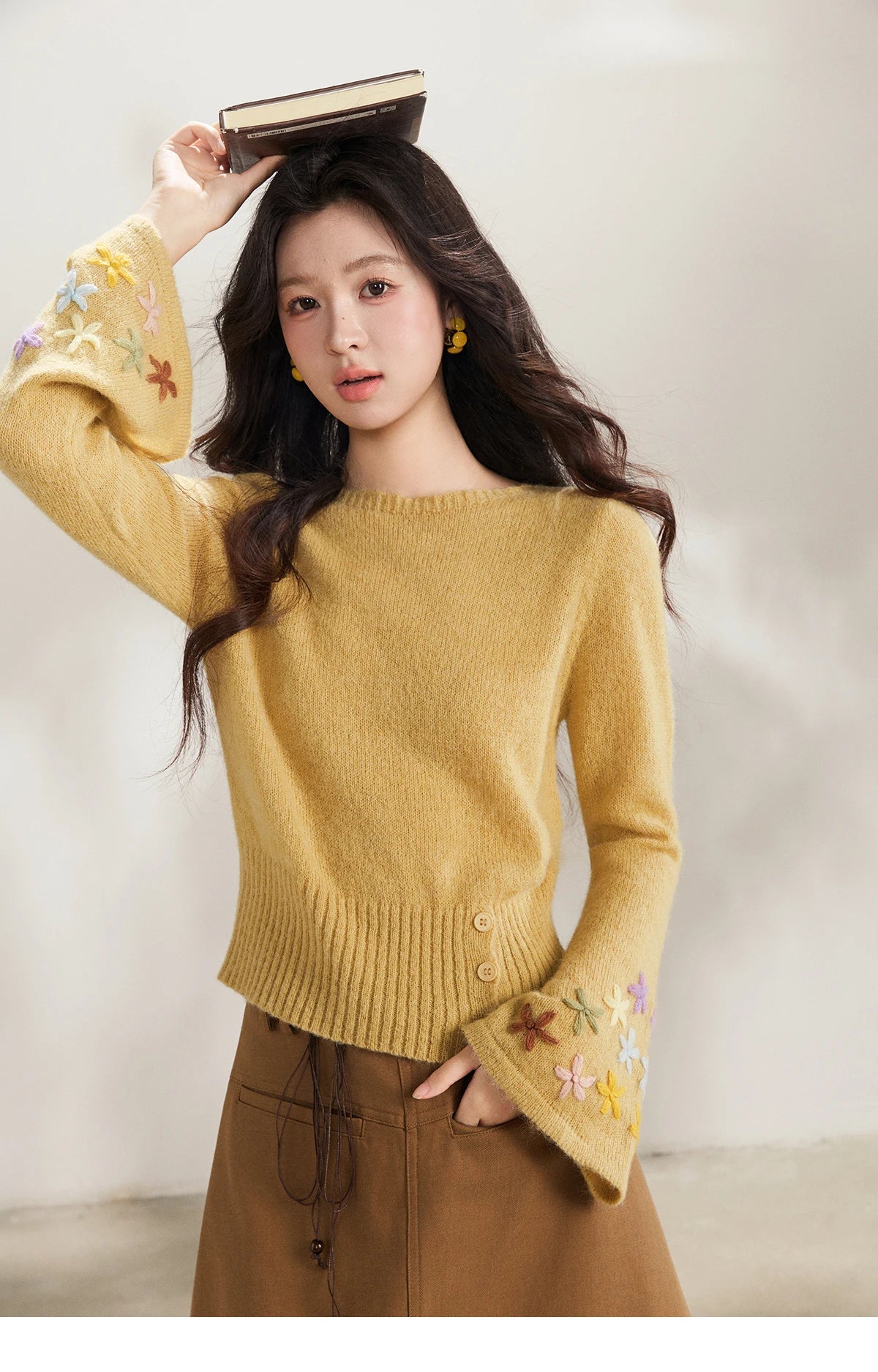 Mishow Yellow Floral Embroidered Boat Neck Flare Sleeve Top MXE94Z2864