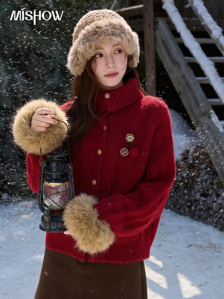 Mishow Red Cable Knit Stand Collar Cardigan MXE92Z2827