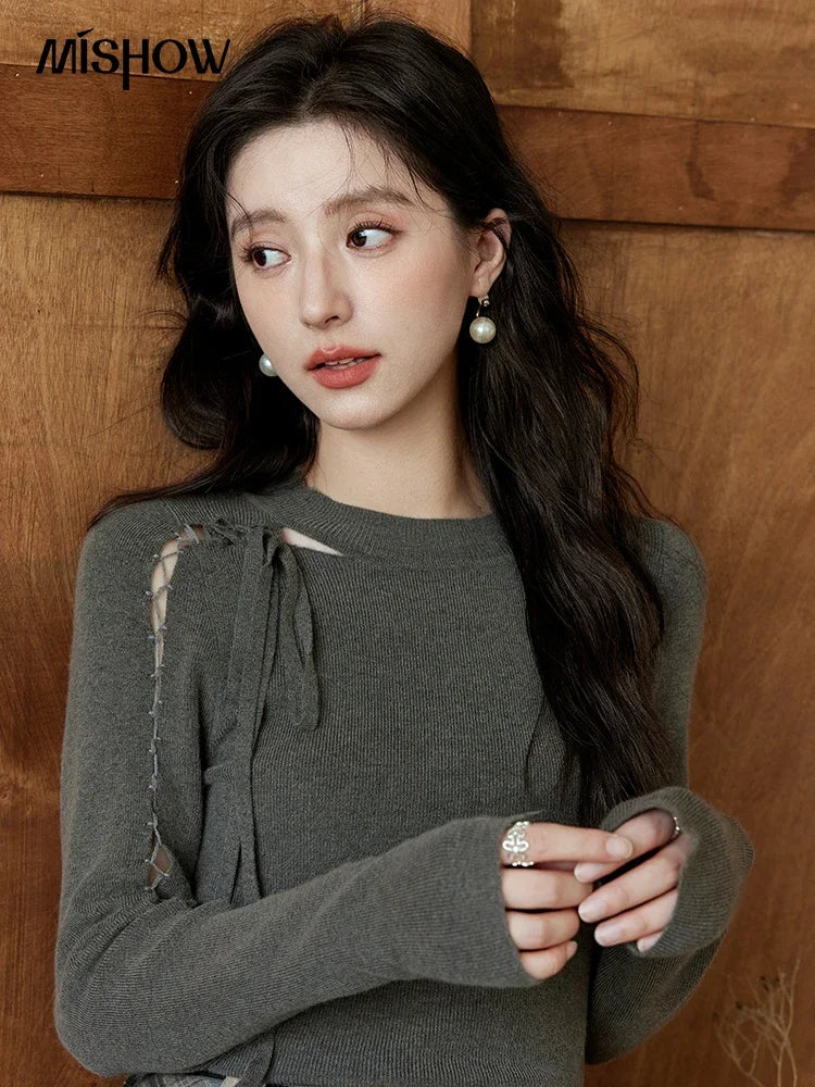 Mishow Hollow Tie Design Bottoming Knit Sweater MXD45Z0766
