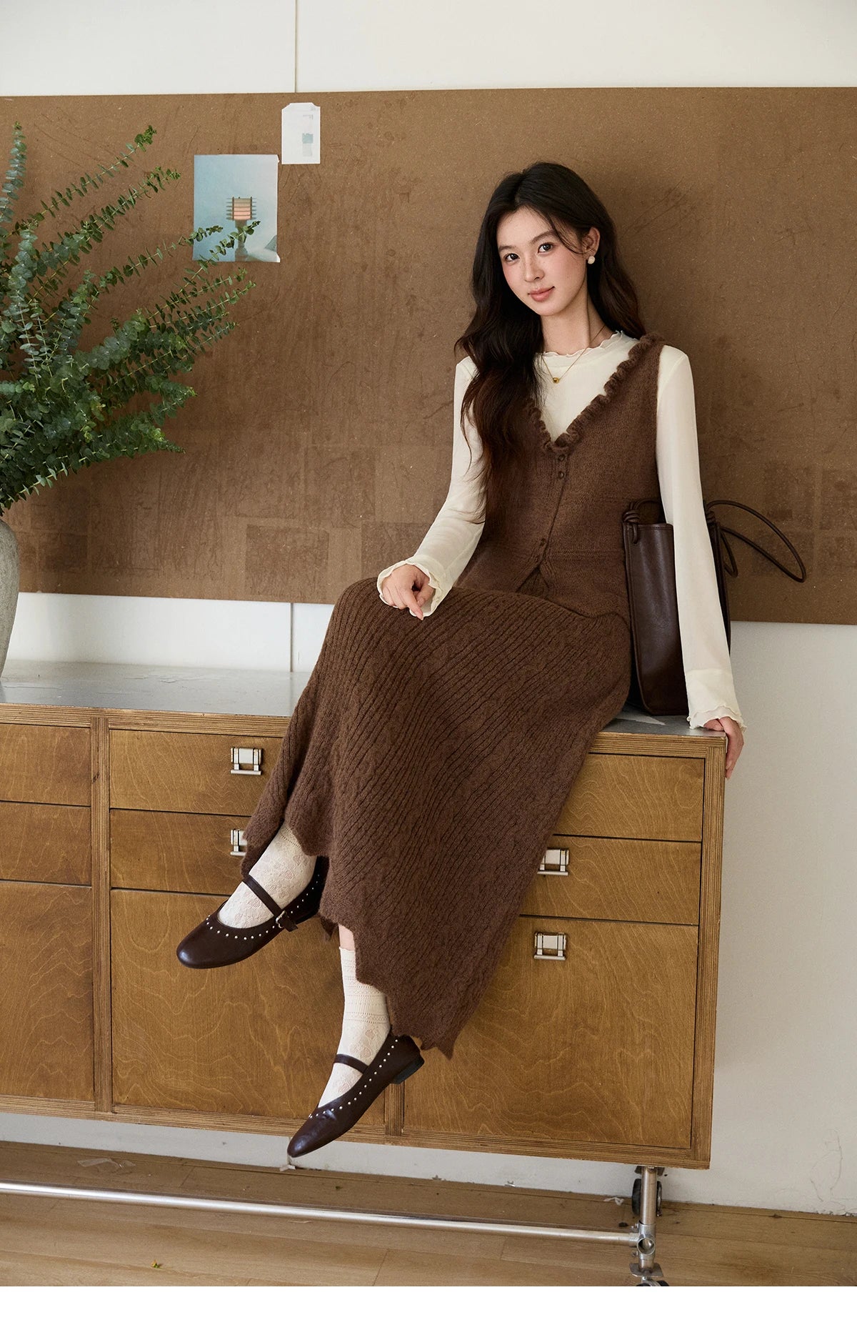 Mishow Brown Knitted Vest & Cable Knit Maxi Skirt Set MXF11T1460