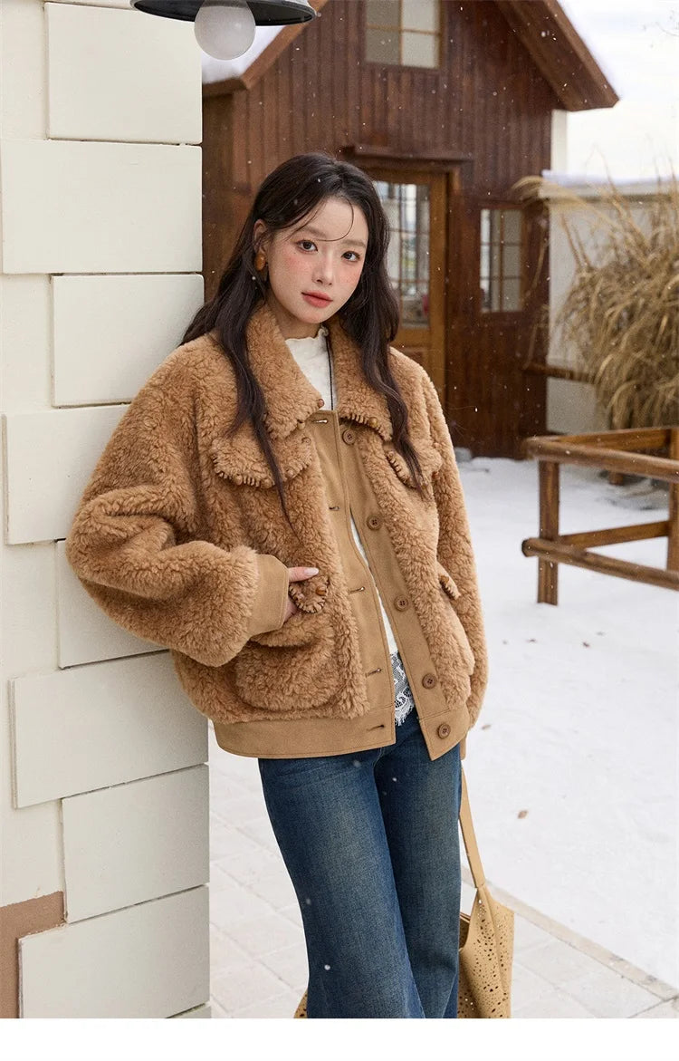 MISHOW Faux Lambskin Coat Turn-Down Collar Brown Loose MXE89W0896