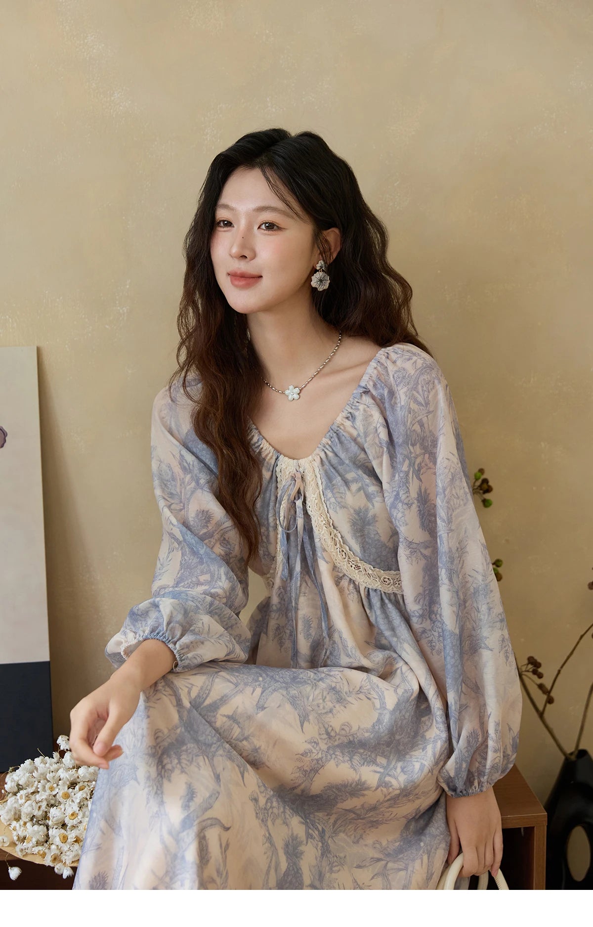 Mishow Blue Floral Lace Panel Drawstring Dress MXE45L2507
