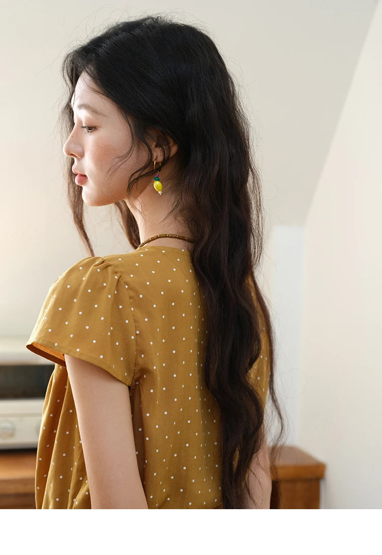 MISHOW V-Neck Lace Polka Dot Blouse Ruffled Button MXE38X1847