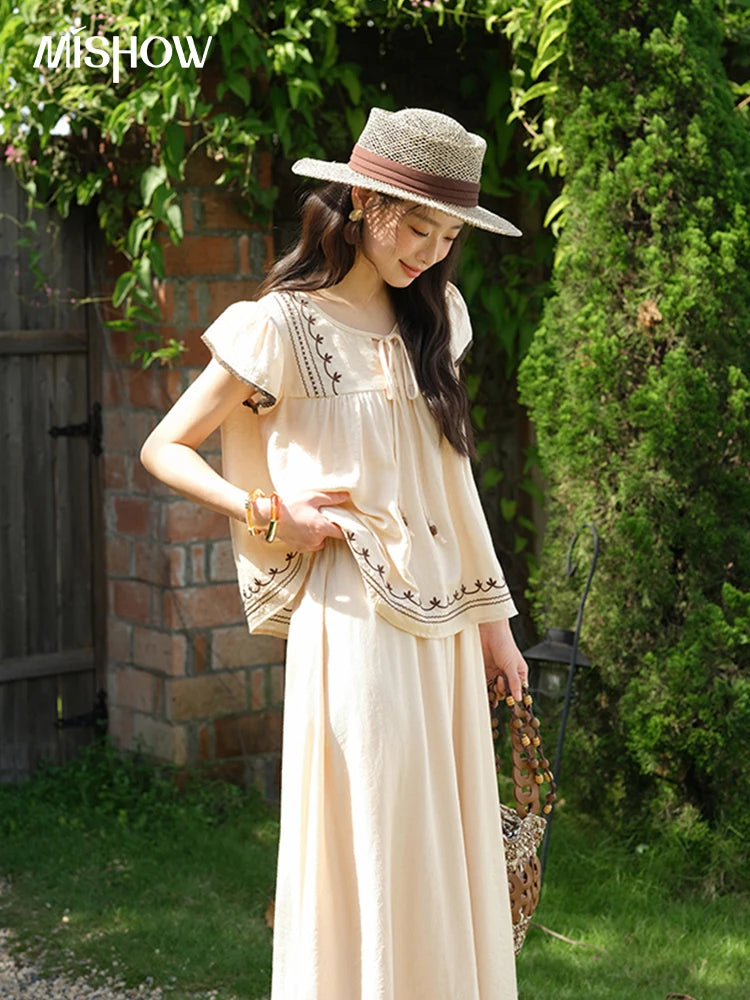 Mishow Embroidery Flying Sleeve Top & Elastic Waist Skirt Set MXE39T0667