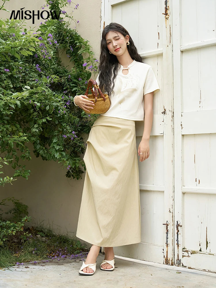 Mishow Chinese Stand Collar Ink Print Top & Pleated Skirt Set MXD27T0272
