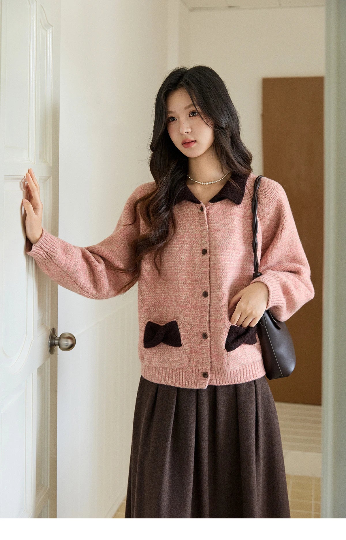 Mishow Pink Contrast Collar Bow Pocket Cardigan MXE94Z2957