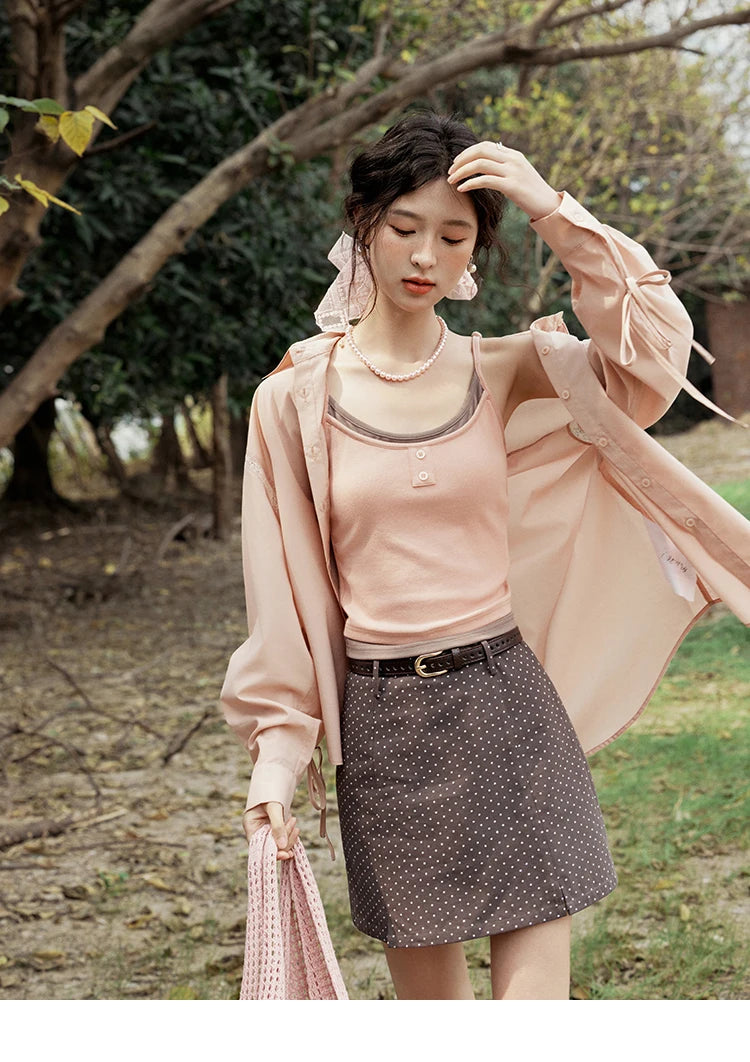MISHOW Pink Long Sleeve Shirt Lace Bow Tie MXE16C0767