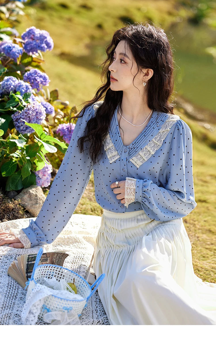 MISHOW Lace Patchwork Polka Dot Shirt V-Neck Hollow Out MXE12X1707