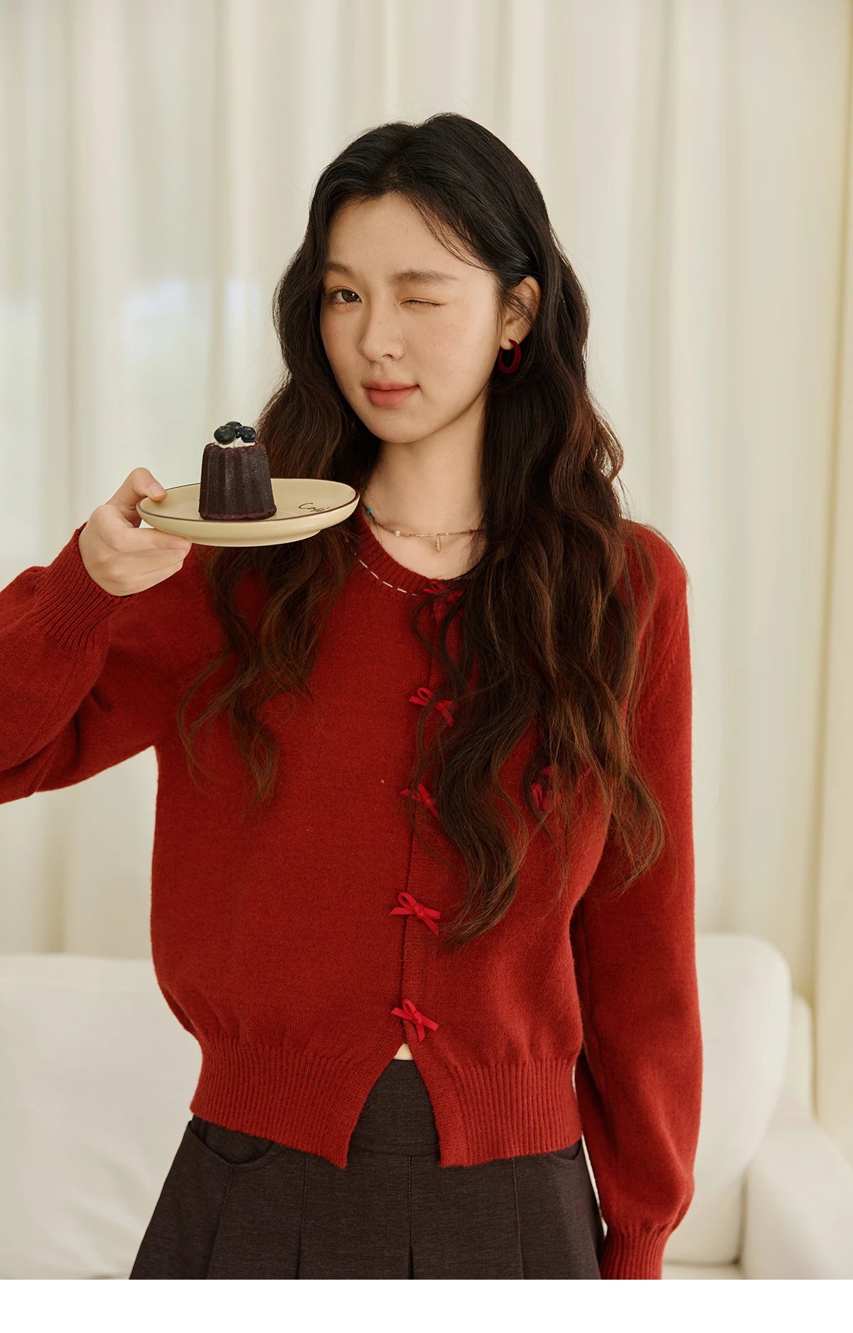 Mishow Bow Placket Lantern Sleeve Cardigan with Brooch MXE45Z1377