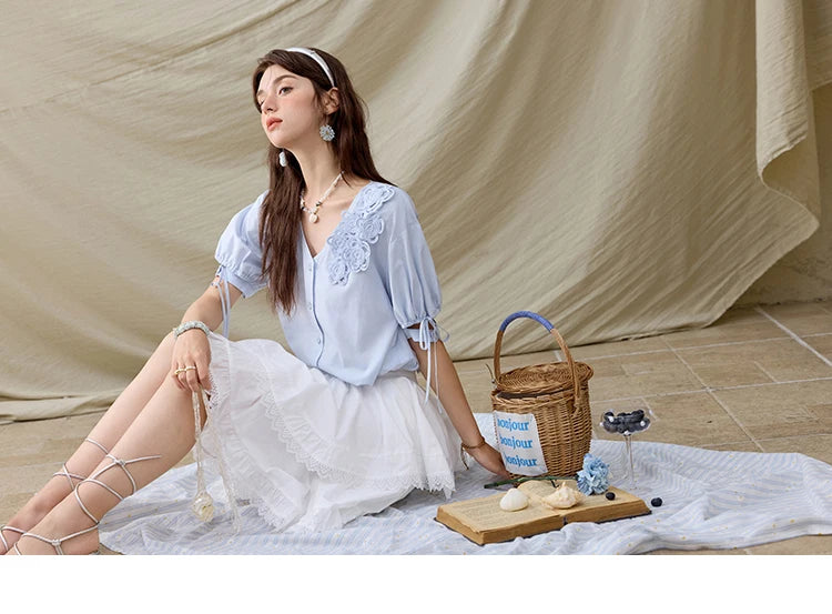 MISHOW Solid V-Neck Blouse Embroidered Loose Short Sleeve MXE31X1774